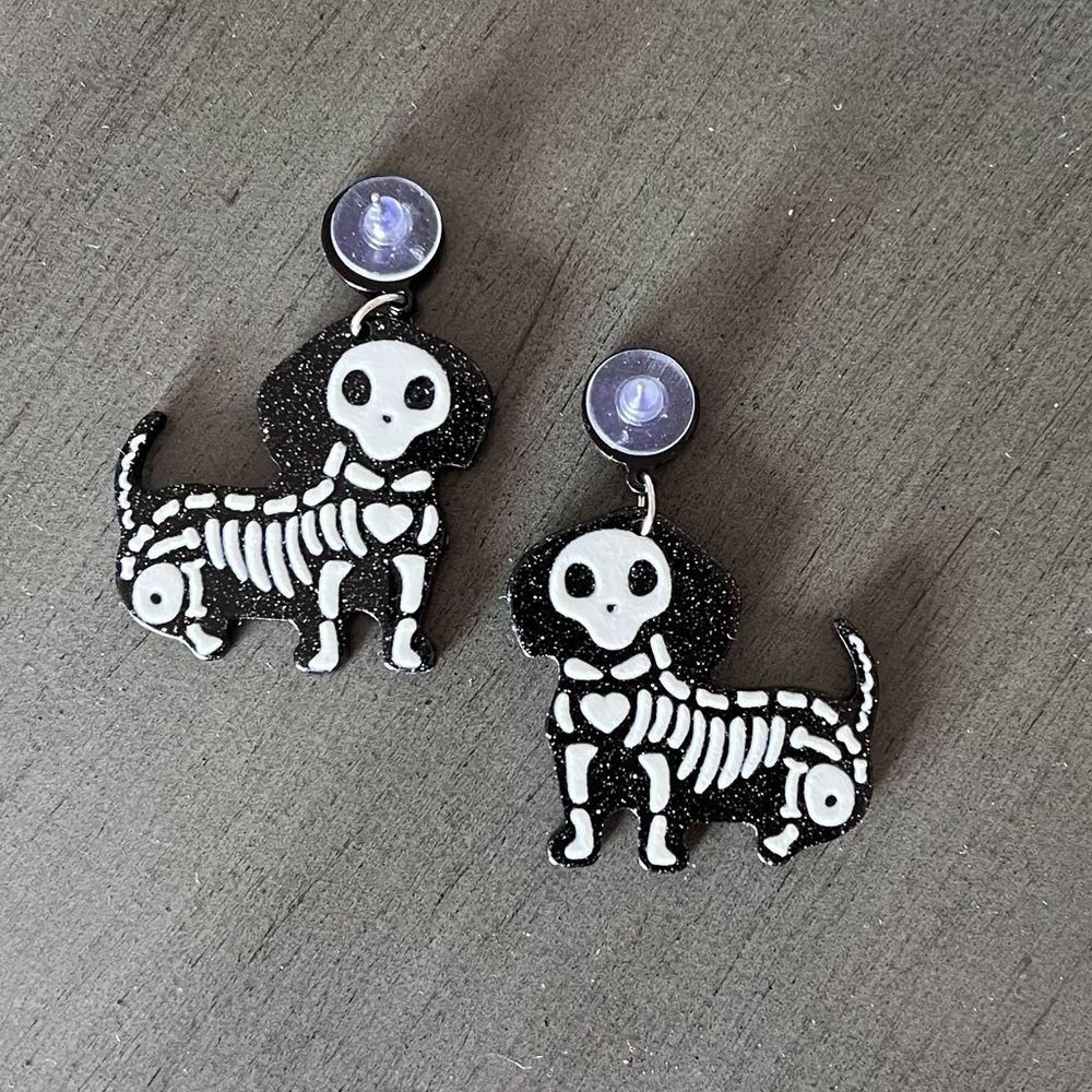 Black Glitter Dog Day of Dead Halloween Lightweight Acrylic 2” Earrings Mexico - Picture 2 of 2